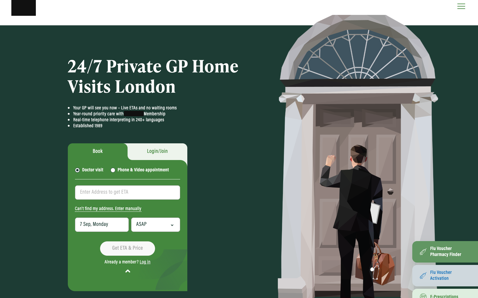 Anonymized healthcare homepage with a private GP home visit booking form